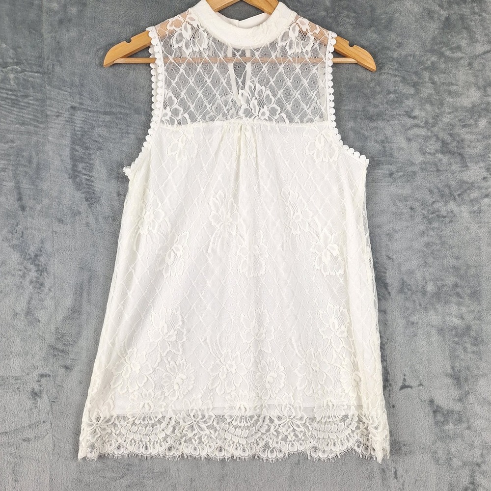 Womens Top Small White Angel Boho Fairy Sheer Floral Lace Mesh Romantic Feminine